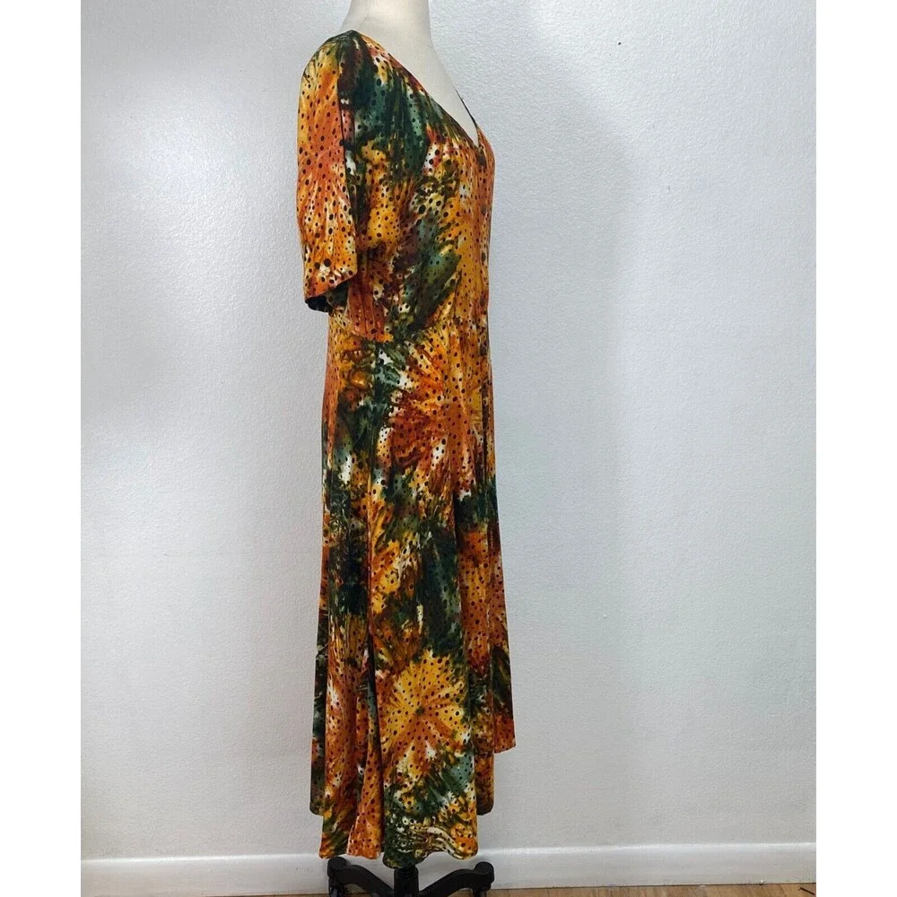 Vintage Womans Midi Dress Medium  Rayon Orange Tie-Dye Boho Peasant Y2K Festival